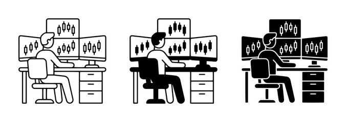 Naklejka premium Trader at Desk with Multiple Monitors Displaying Stock Charts, Financial Analysis Icons, Business Operations, and Trading Workstation Set