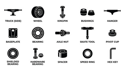 Vector illustration of skateboard parts and tools for assembly and customization. © MdShahadat