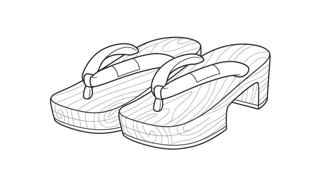 A pair of traditional Japanese wooden geta sandals line art illustration.