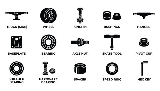 Vector illustration of skateboard parts and tools for assembly and customization.