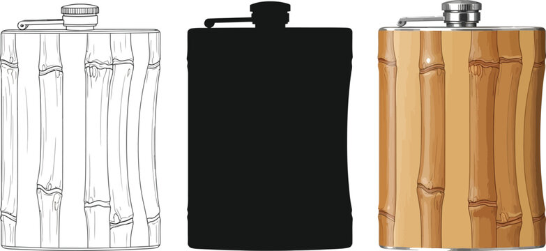Bamboo textured hip flask vector illustration set including outline silhouette and full color versions suitable for outdoor adventure and beverage branding designs