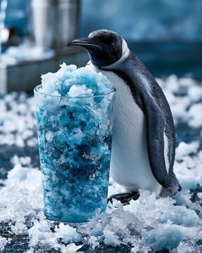 Penguin Stands Next to Blue Slush Drink in an Icy, Frosted Setting
