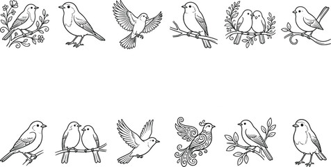 Fototapeta premium Cute bird line art illustrations collection featuring hand drawn sparrow sketches flying songbirds and decorative floral patterns on white background