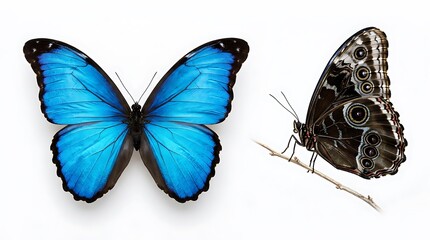 Naklejka premium Two blue morpho butterflies one open wings other closed on branch butterfly insect animal