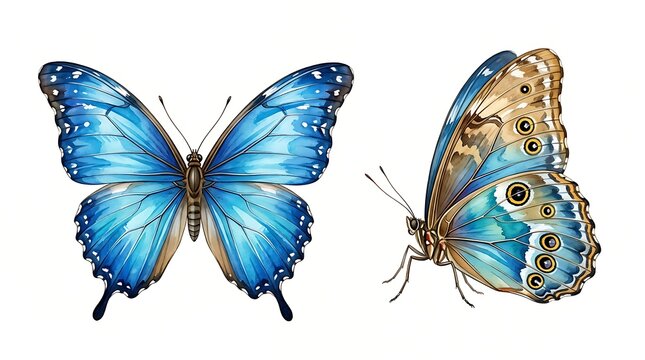 Two blue butterflies with intricate wing patterns on white background butterfly insect nature animal