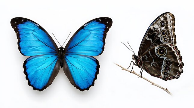 Two blue morpho butterflies one open wings other closed on branch butterfly insect animal