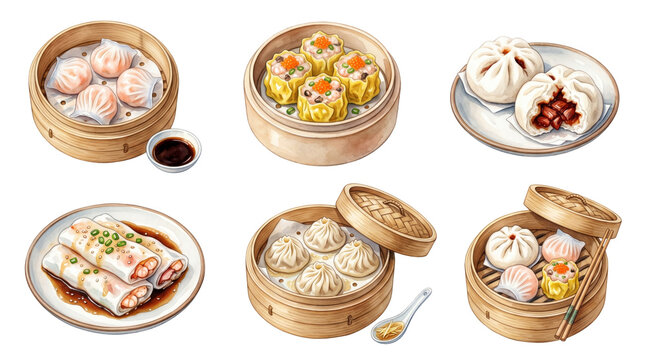 watercolor set of traditional asian dumplings including baozi siu mai and har gow in bamboo steamers on a transparent background