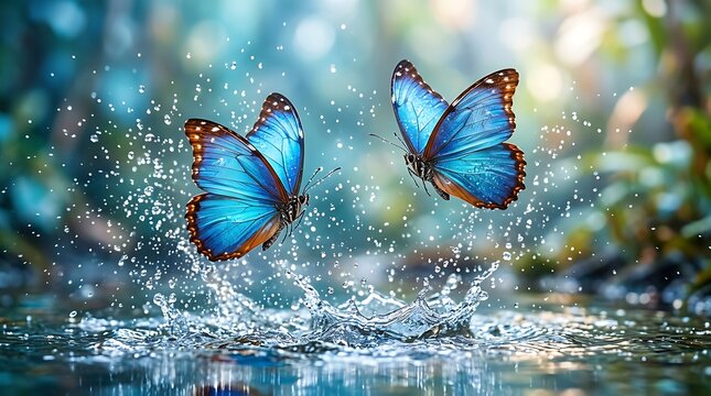 Two bright blue butterflies with orange edges splash through water butterfly insect insects