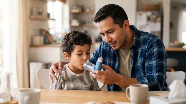 Father helping child inhaler, Hispanic family asthma care, Pediatric spacer treatment, Home respiratory healthcare lifestyle
