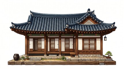 Obraz premium Detailed Illustration of a Traditional Korean Hanok House with Classic Tiled Roof and Wooden Architecture