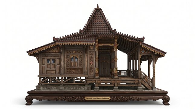 Intricate Handcrafted Wooden Miniature Traditional Javanese Joglo House Scale Model Isolated on White Background
