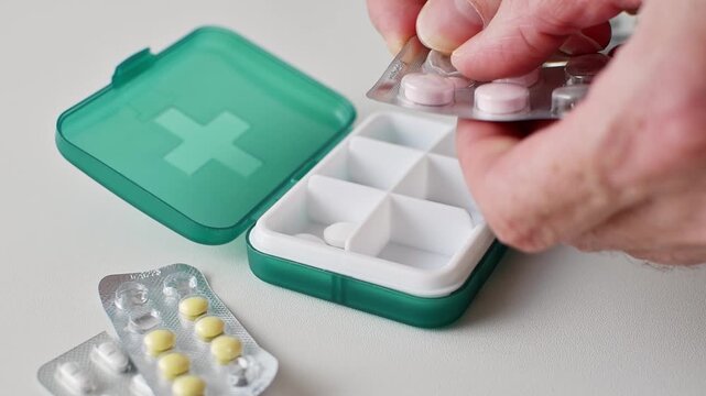 Person fills weekly pill organizer with tablets from blister pack during home medication routine for safe dosage control.