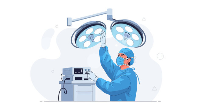 Surgeon in Operating Room Adjusting Surgical Lights Next to Medical Equipment, Vector Illustration