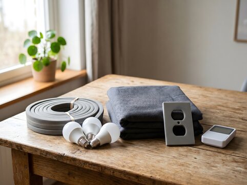 A practical renter-friendly energy saving kit on a wooden table with LED bulbs, weatherstripping, folded thermal fabric, outlet draft cover, and plug meter for home efficiency tips.