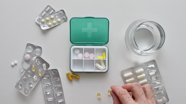 Adult hand arranges capsules in pill organizer beside water glass and blister packs for safe daily medication routine at home