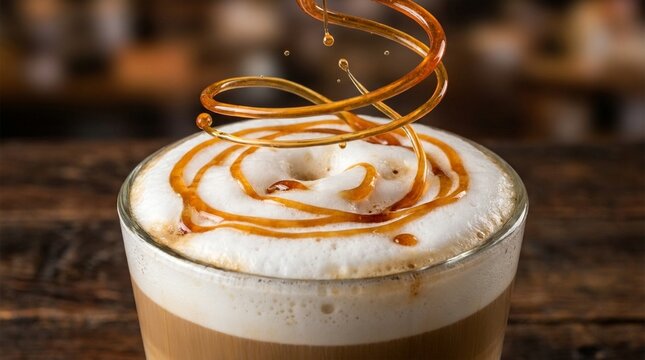 Decadent caramel latte with swirling syrup drizzle and foam art in a clear glass mug
