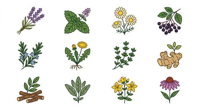 Collection of hand drawn medicinal herbs and plants for natural remedies.
