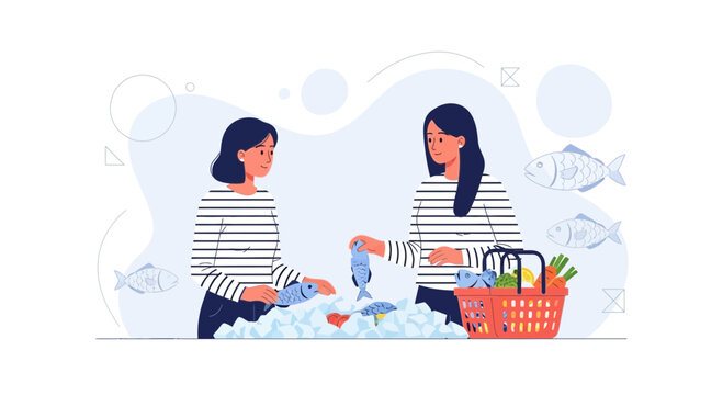 Two women at fish market, choosing fresh seafood, illustration in flat design style