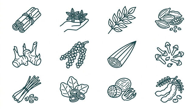 Collection of Hand Drawn Spice and Herb Icons.