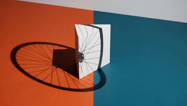 Minimalist 3D white triangular prism with sharp bicycle wheel spoke shadow on color blocked background misso art