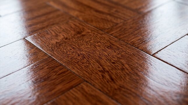 Close-up of glossy polished parquet flooring with natural wood grain texture and diagonal reflections of light