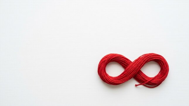 Red thread forming infinity symbol on white background