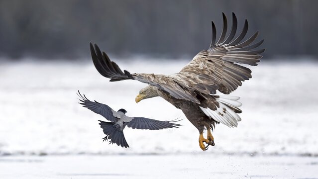 White-tailed eagle (Haliaeetus albicilla) foraging on a frozen lake, adult eagle, hunting over frozen water, landing, flying, Kampinoski National Park, Poland