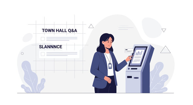 Woman using self-service kiosk for town hall Q&A, digital check-in and information access.