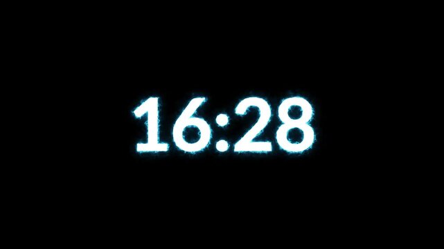 Glowing neon minutes timer countdown minute suitable for presentations.Numbers of minute on the clock changing continuously on black background.