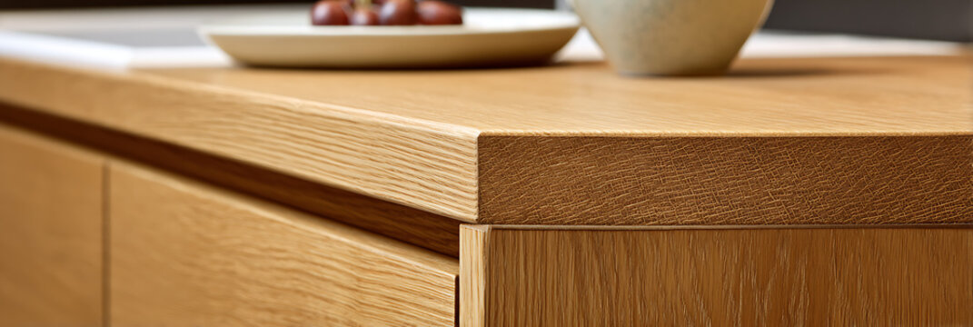Oak wood kitchen countertop with detailed grain texture showcasing minimalist cabinet design and contemporary craftsmanship in a modern home interior setting.