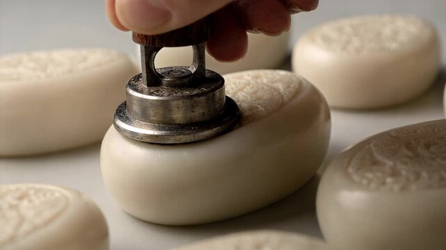 Closeup medium shot showcasing oval soap bars being stamped with a textured design during extrusion emphasizing smooth shapes and craftsmanship.