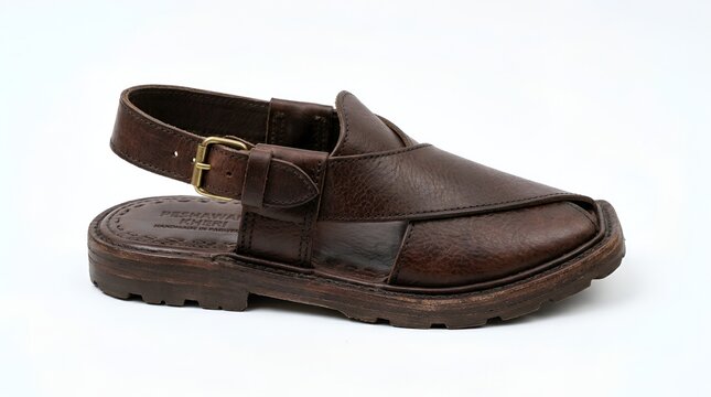 Traditional peshawari chappal dark brown leather sandal on white background