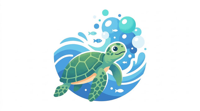 Cute cartoon sea turtle swimming in ocean bubbles with fish