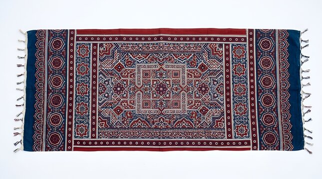 Traditional red and blue pakistani ajrak pattern rug isolated on white background