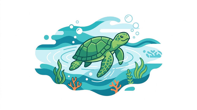 Cute green sea turtle swimming in vibrant underwater scene with coral and bubbles