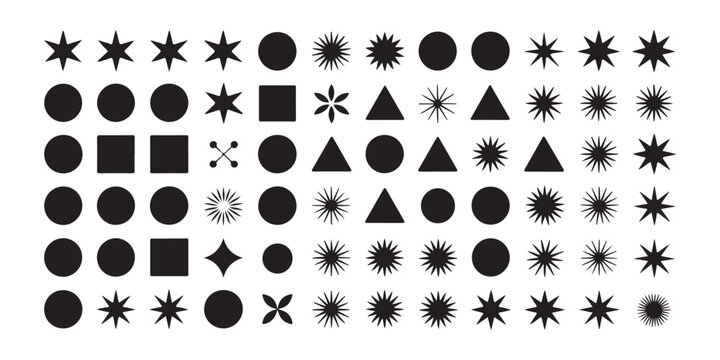 Assorted geometric shapes and starburst elements for design projects isolated on transparent background.