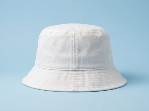 A white bucket hat mockup is shown on a blue background