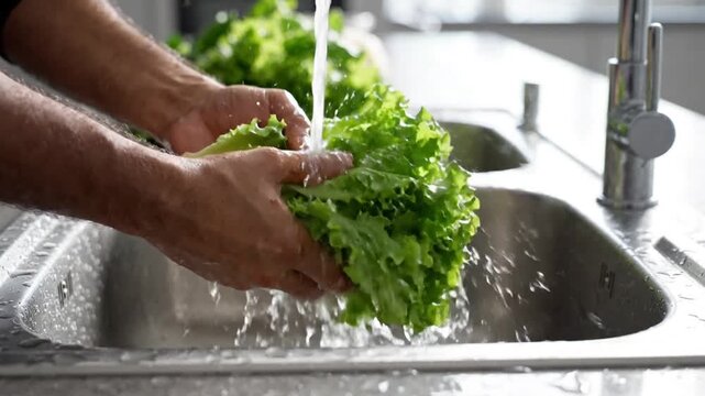 Washing fresh green lettuce leaves under running water in a kitchen sink, healthy eating and food preparation