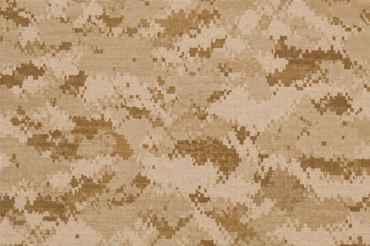 Desert digital pixel camouflage seamless pattern on flat ripstop fabric with sharp tan, sand and warm brown mosaic squares in military style