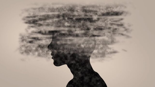 Surreal Human Mind Dissolving Into Smoke Conceptual Abstract. Head Silhouette With Dark Floating Smoke And Particles, Thoughts, Memory Loss, Mental Health, Emotional Turmoil, and Psychology 