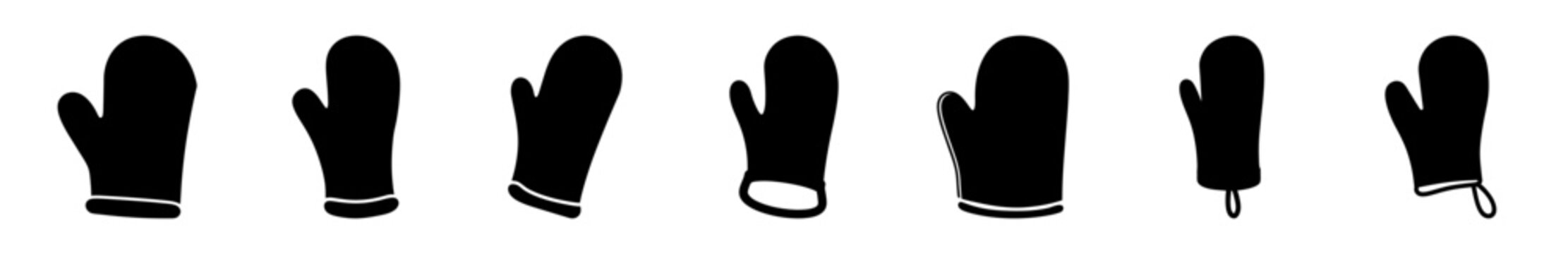 Black winter mittens icon set with different styles - A clean set of six black mitten icons in various designs, perfect for winter-themed projects or app interfaces.