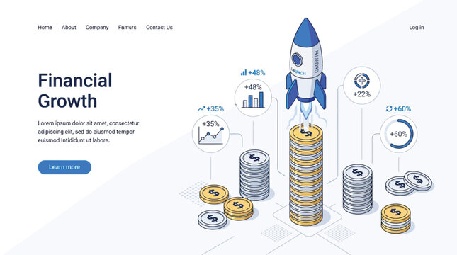 Minimalist isometric vector illustration featuring a rocket launching from golden coin stacks for financial growth concepts