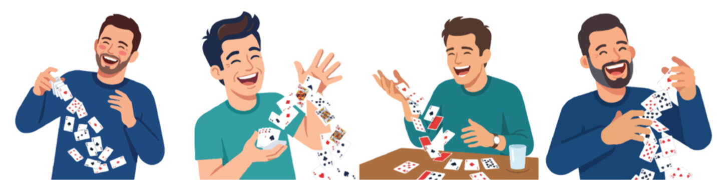 A minimalist flat design close-up illustration of a man laughing as he accidentally drops his cards. No outlines, clean solid vectors, highly expressive and clear face. White background.