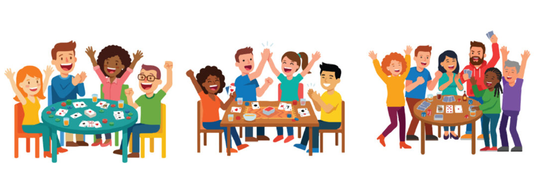 A minimalist flat design vector of a group of friends cheering during a lively card game night. No outlines, vibrant solid colors, clear and distinct happy faces. Pure white background.