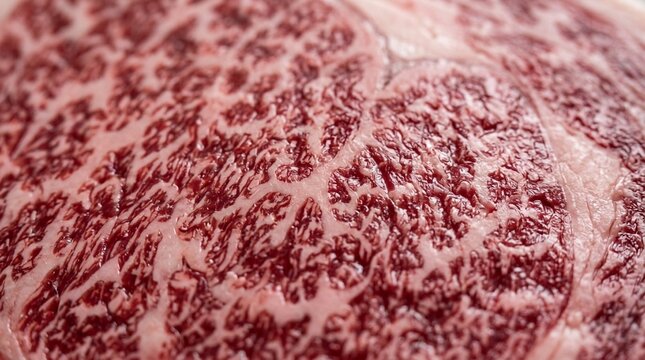 Close-up macro shot of marbled raw Wagyu beef texture, showcasing intricate fat marbling patterns