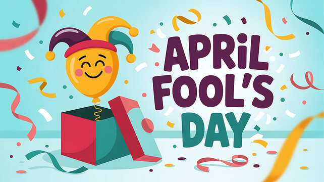 Colorful illustration of april fools day celebration with jester hat and confetti on light blue background