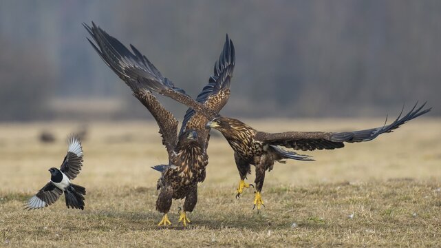 Two young white-tailed eagles (Haliaeetus albicilla) quarreling in flight, departing magpie, Kutno, Poland