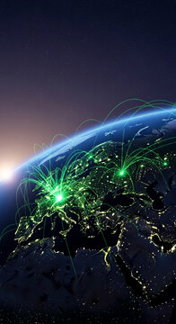 Earth at night with glowing green lines connecting cities, showcasing global connectivity and technology, symbolizing network and communication.