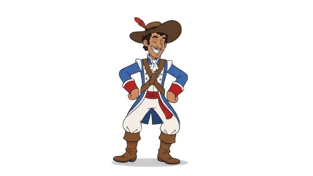 A joyful 2D cartoon historical soldier, musketeer, or pirate captain character wearing a blue and white uniform with a feathered tricorn hat, performing a cheerful dance on a white background. Perfect