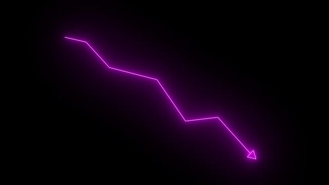 Glowing neon pink color line market Recovery Concept. Successful growth trend pink line graph going down. Abstract neon line arrow business graph on dark background.